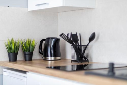 a coffee pot on a kitchen counter with plants at Rybacka 48 - Twoje miejsce wypoczynku, domki, studia, apartamenty, rowery, hulajnogi in Jantar