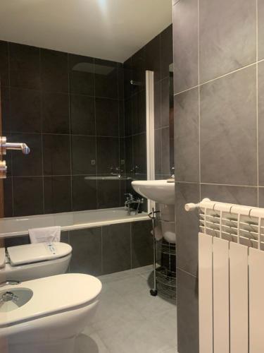 La salle de bains est pourvue de toilettes blanches et d'un lavabo. dans l'établissement FARIGOLA - 78PB Bordes d'Envalira, à Bordes d´Envalira 