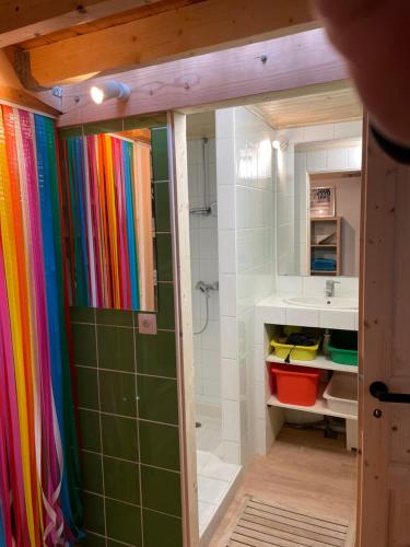 La salle de bains est pourvue d'un rideau de douche à effet pluie et d'un lavabo. dans l'établissement MAISON indépendante avec Jardin, très calme, CENTRE VILLE LA ROCHELLE, à La Rochelle