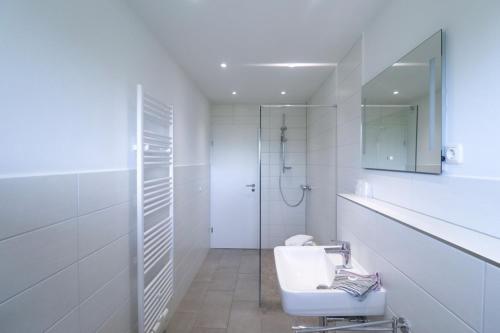 a white bathroom with a shower and a sink at Bauernhof Lunau in Kabelhorst