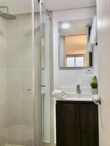 bagno con lavandino e doccia con specchio di Acogedor y moderno loft para descanso a Paipa