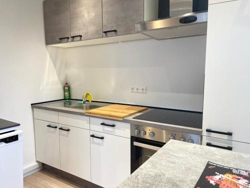 a kitchen with white cabinets and a sink at Modern Havanna Appartment in Graz