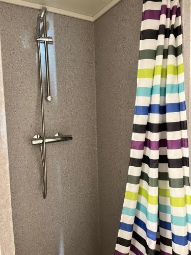 La salle de bains est pourvue d'une douche avec rideau de douche. dans l'établissement The Atlantic view guest house, Sandavagur, Faroe Islands, à Sandavágur