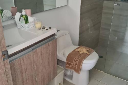 y baño con aseo, lavabo y ducha. en AltoVento905, en Santa Marta