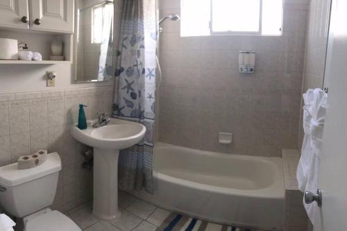 達利城的住宿－2 bedroom house or Private Studio in quiet neighborhood near SF, SFSU and SFO，一间带水槽、浴缸和卫生间的浴室