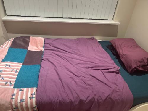 マンチェスターにあるOld Dock Officeのベッド1台(紫色の掛け布団、枕2つ付)