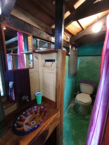 a small bathroom with a toilet and a sink at Posada Olivo in Mazunte