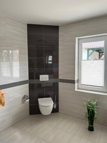 a bathroom with a toilet and a window at Spreewälder Ferienhäuser am Berste - Ufer in Lübben