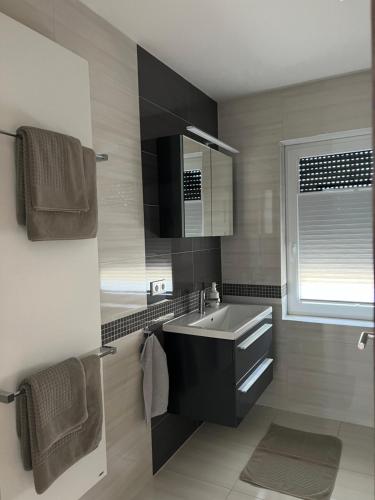 a bathroom with a sink and a mirror at Spreewälder Ferienhäuser am Berste - Ufer in Lübben