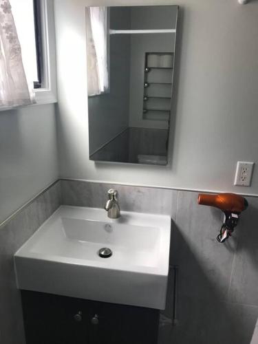 a bathroom with a white sink and a mirror at 2 Bedroom House OR Private Studio near SF, SFSU and SFO in Daly City