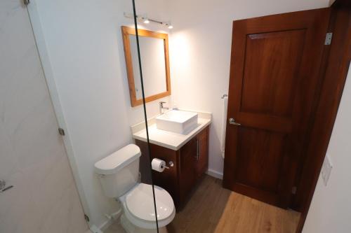 a bathroom with a toilet and a sink and a mirror at New One Bedroom Suite West Bay Roatan - Number 6 in West Bay