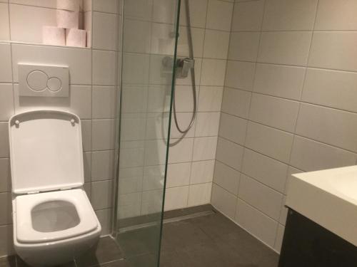 a bathroom with a toilet and a glass shower stall at Appartementen Purmerend A in Purmerend