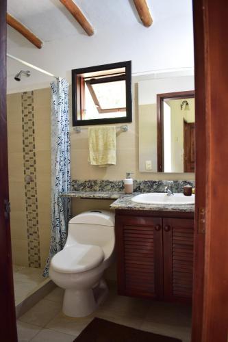 La salle de bains est pourvue de toilettes, d'un lavabo et d'un miroir. dans l'établissement Finca Milandia, à Villeta