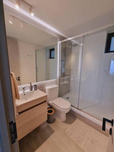 a bathroom with a shower and a toilet and a sink at Departamento nuevo en sector costa de montemar in Concón