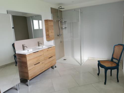 een badkamer met een wastafel en een glazen douche bij , Le Noyer Gourmand Havre de paix 5 chambres 2 lits parapluies in Illois
