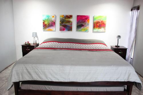 a bedroom with a bed with three paintings on the wall at Río Celeste Nature View in Upala