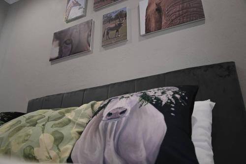 a bed with a blanket and pictures on the wall at Montaña Casita - A comfortable and central cottage in Pretoria