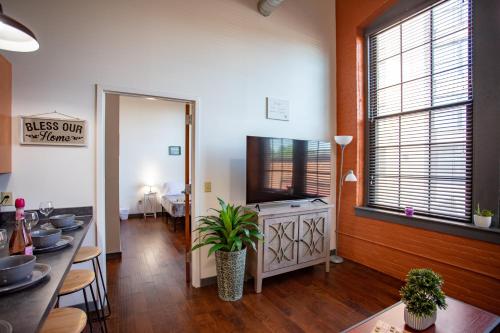 a living room with a television and a table with a plant at NY Style Centric Loft with King Bed by Park ave in Rochester