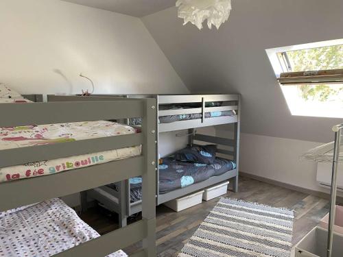 een slaapkamer met een stapelbed en een kat op een bed bij Maison Bénodet, 4 pièces, 8 personnes - FR-1-481-126 in Bénodet