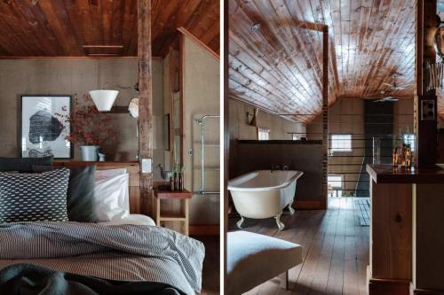 a bathroom with a tub and a bedroom with a bed and a bathtub at The Barn Daylesford in Daylesford