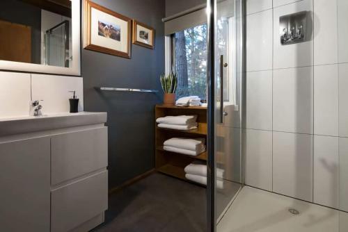 a bathroom with a shower and a sink at The Lodge Daylesford in Hepburn