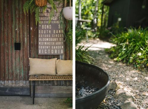two pictures of a bench next to a building at St Etienne Daylesford in Daylesford
