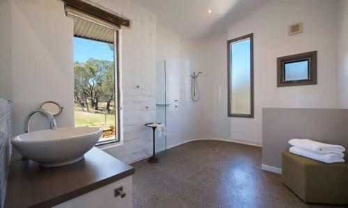 uma casa de banho com um lavatório e uma cabina de duche em vidro. em Lithia Guest House - Daylesford Region em Hepburn Springs