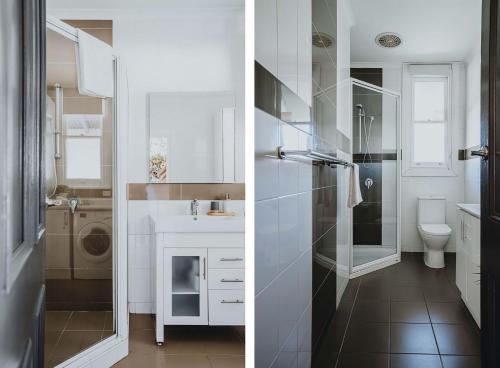 Korweinguboora的住宿－The Gums - Daylesford Region，两张带水槽和卫生间的浴室图片