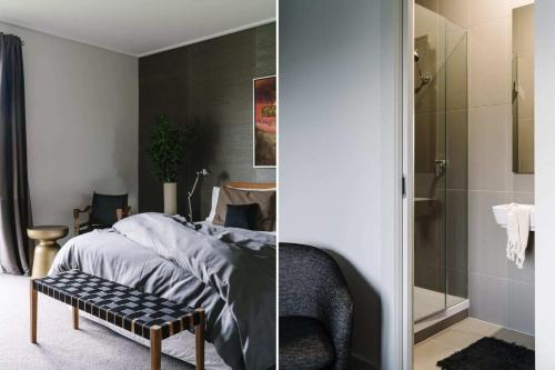 two images of a bedroom with a bed and a shower at Cousin Gilbert Daylesford in Daylesford