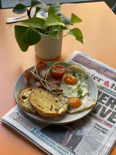 a plate of eggs and toast on a table with a plant at George Williams Hotel in Brisbane