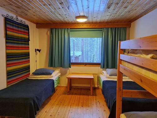 a bedroom with two bunk beds and a window at Kuerkievari KuerHostel in Äkäslompolo