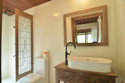 een badkamer met een wastafel, een spiegel en een toilet bij Kubu Manis Villa in Ubud
