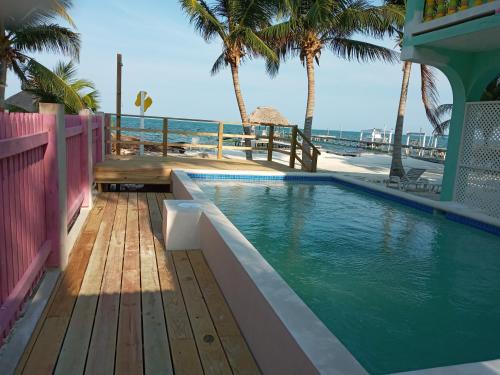 una piscina junto a una playa con palmeras en Barefoot Beach Belize, en Caye Caulker