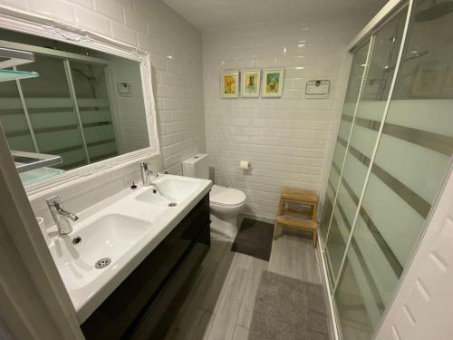 a bathroom with a sink and a toilet and a mirror at Duplex acogedor y cómodo in San Sebastián de los Reyes