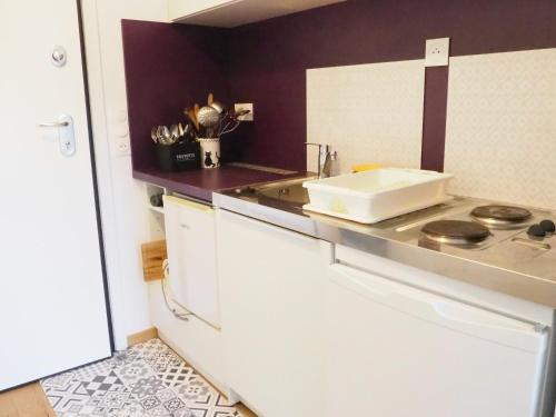 a kitchen with a sink and a counter top at Les Halles : Studio Cosy et Moderne in Strasbourg