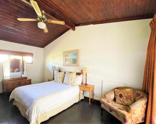 1 dormitorio con 1 cama, ventilador de techo y silla en Himeville Arms, en Himeville