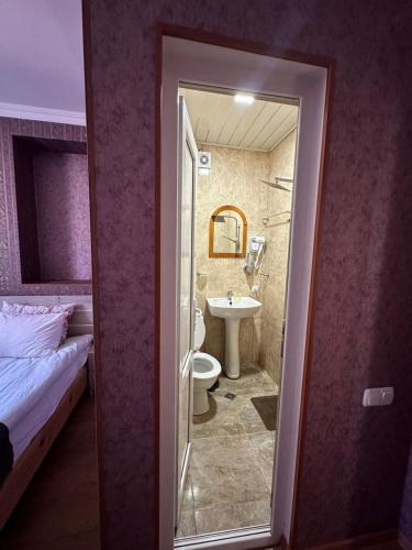 uma casa de banho com um WC e um lavatório num quarto em Guest house chavchavadze N23 em Stepantsminda