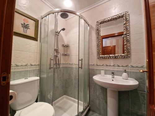 a bathroom with a shower and a toilet and a sink at Jasjosé Begoña - Frente al Parque de Begoña in Gijón