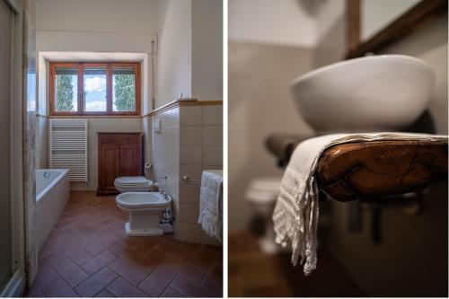 two pictures of a bathroom with a toilet and a sink at Villa Lama by Mmega in Lama