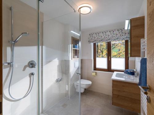 a bathroom with a shower and a toilet and a sink at Ferienhaus Widmann in Kirchberg in Tirol