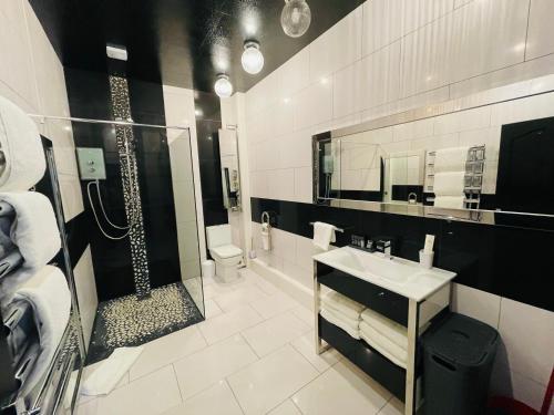 a bathroom with a shower and a sink and a toilet at PHOENIX Boutique Apartments in Goole