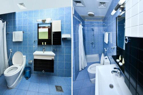 twee foto's van een badkamer met toilet en wastafel bij OYO 137 Marina Hotel in Muscat