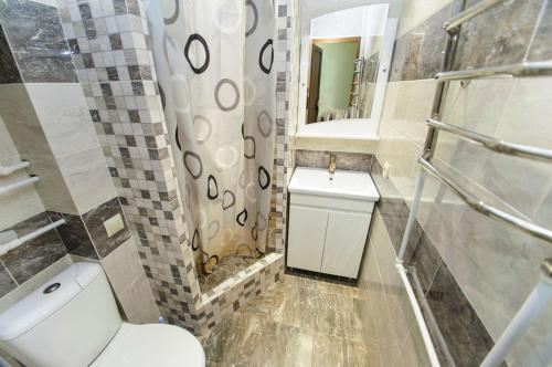 a bathroom with a toilet and a sink and a shower at Apartment Decebal in Chişinău