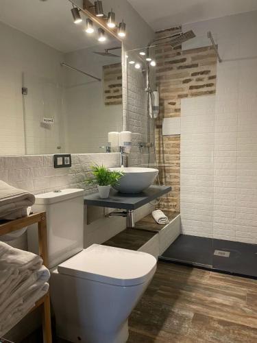 a bathroom with a toilet and a sink and a mirror at Hotel QB Almagro Centro in Almagro