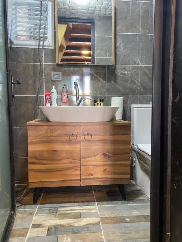 a bathroom with a sink on a wooden cabinet at Lake View Bungalow Close to Airport in Arnavutköy