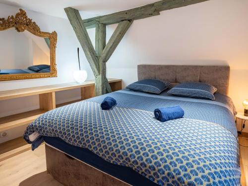 een slaapkamer met een groot bed en een spiegel bij Le Pinot Gris in Riquewihr