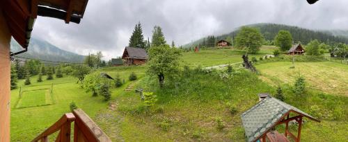 a view of a green field with houses on a hill at Kozichky Guest House in Tatariv
