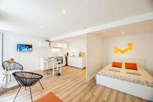 una camera con letto e scrivania di Quartier du château, superbe appartement avec parking a Pau