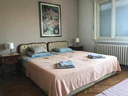 een slaapkamer met een bed met twee handdoeken erop bij Duga Apartments in Novi Sad