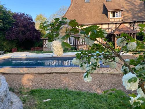 une maison avec une piscine devant une maison dans l'établissement Belle demeure Normande dans son écrin de verdure., à Manneville-sur-Risle